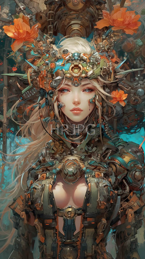cybernetic female figures merge biological elegance with futuristic machinery in urban environments