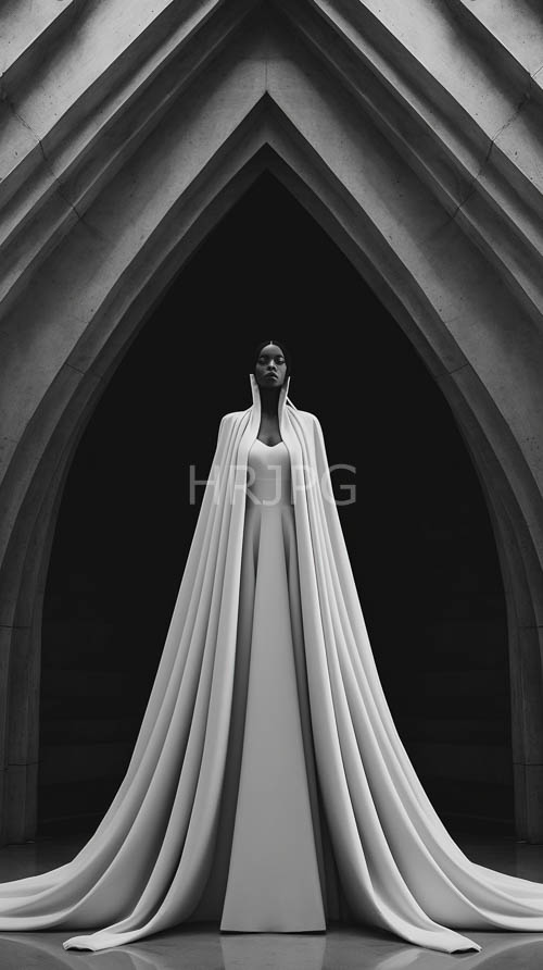 darkskinned elegance stands tall amidst gothic stone pillars and minimalist fashion