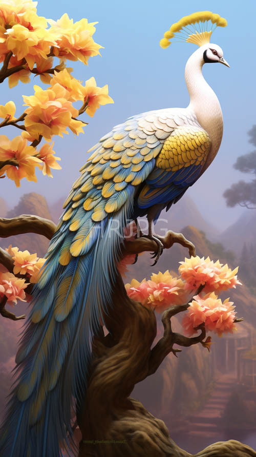 multicolored peacock displays iridescent plumage on twisted tree branches amidst vibrant floral contrast