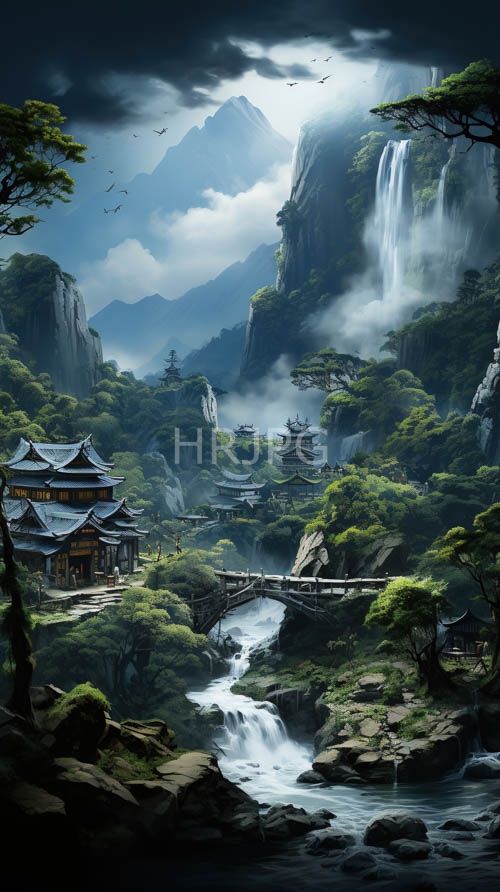 High Resolution: Rocky cliff ridges support traditional Japanese wooden rooftop architecture structures download. | HRJPG.com