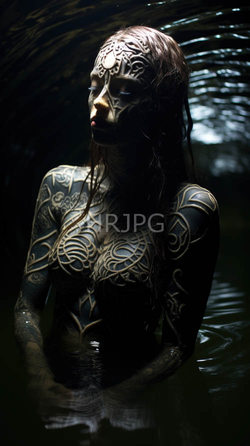 tribal face paint patterns reflect dim flickering light across murky waters