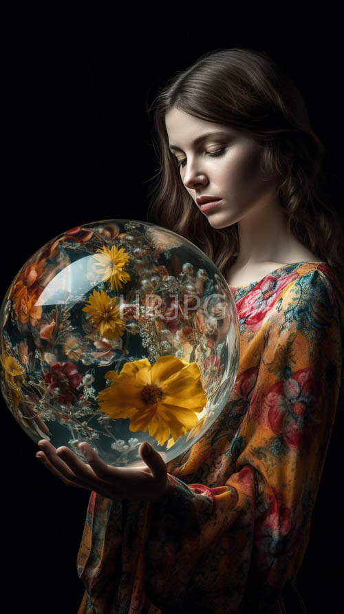 caucasian woman with elegant hair and orange floral dress surrounds glass sphere with dried flowers in black background