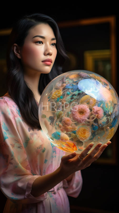 fragile floral orb set amidst moody background by asian woman with elegant hair