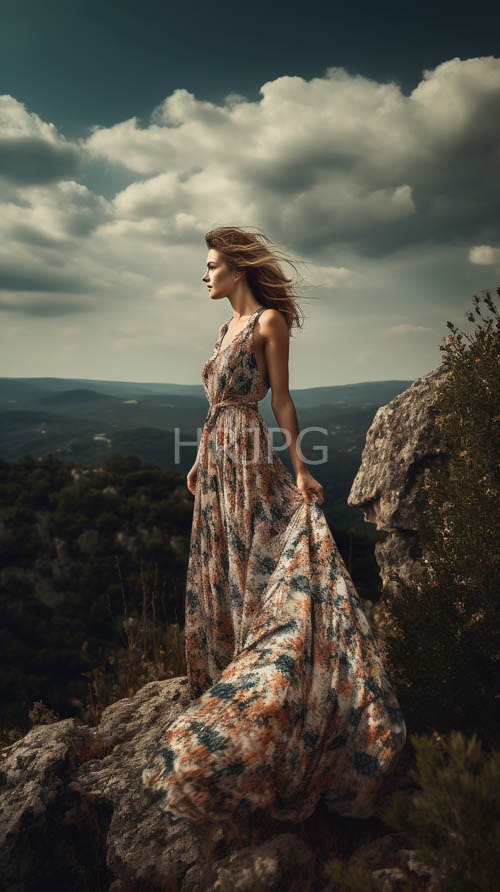 High Resolution: Rocky mountain terrain supports flowy dresses beneath overcast gray skies download. | HRJPG.com