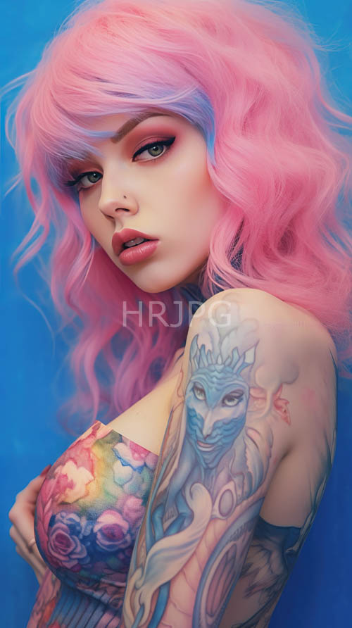 pastel hair and floral patterns stand against solid blue backdrops