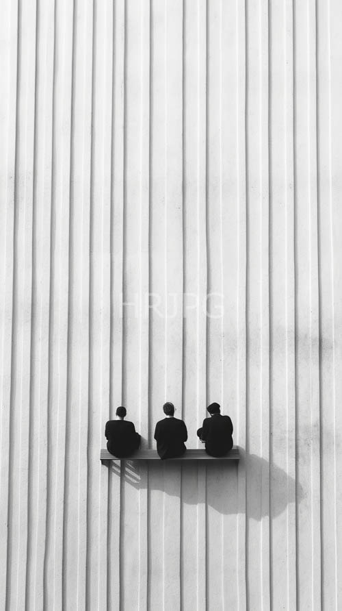 striped textured walls silhouette three figures on concrete ledge