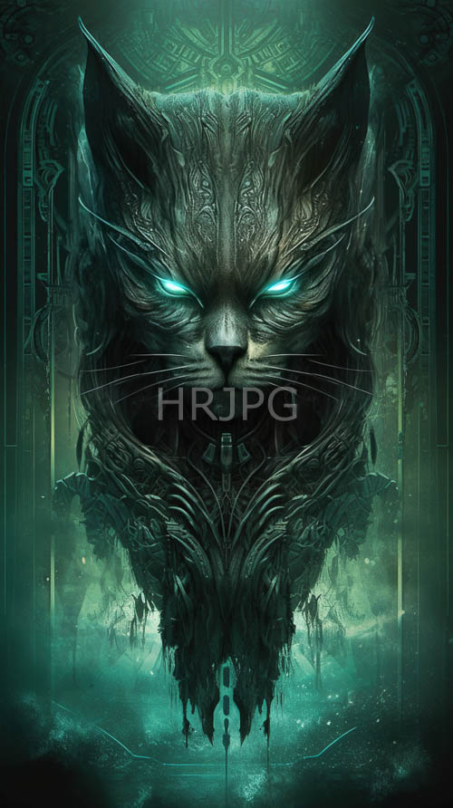 cybernetic feline form emerges from mysterious fogshrouded cityscape with glowing blue eyes
