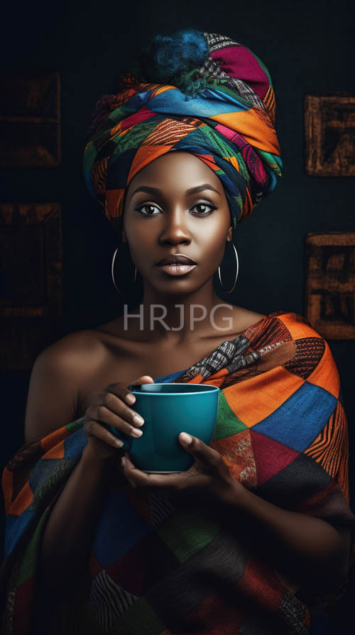 african woman in traditional headwrap with delicate teal cup against moody black background