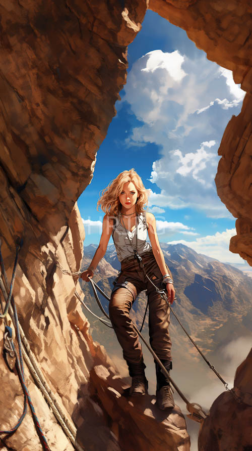 High Resolution: Mountainous Terrain Climbed by Blonde Adventurer in Practical Outdoor Gear download. | HRJPG.com