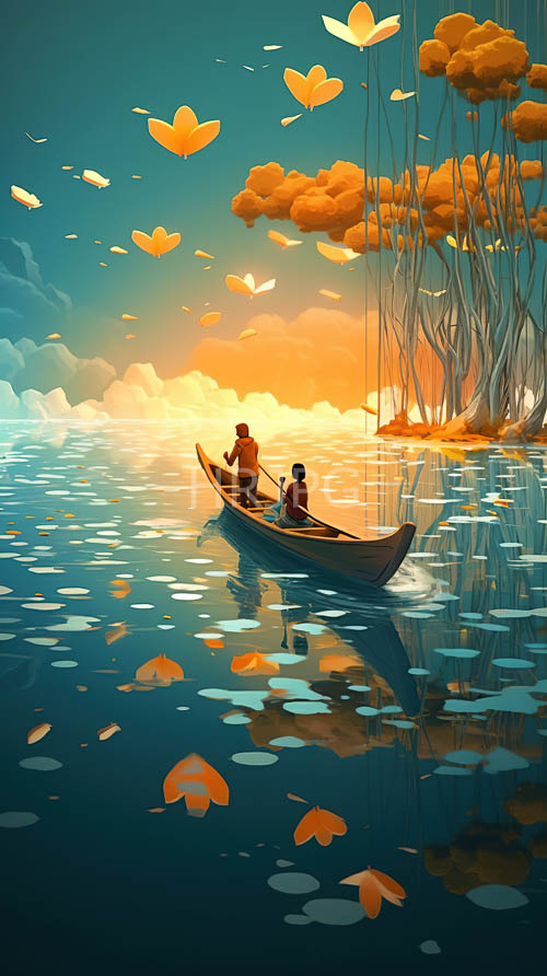 serene lotus blooms amidst gradient skies and majestic cloud drifts over reflective water