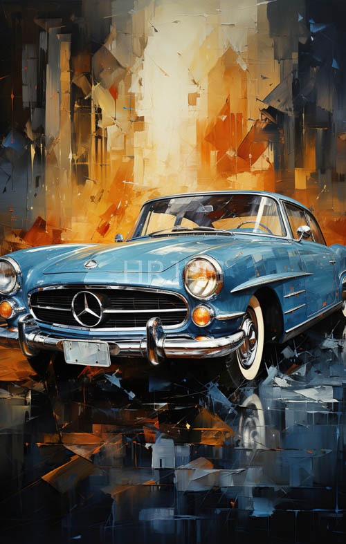 classic blue mercedes convertible embodies freedom with fusion of vintage design and expressive brushstrokes amidst orange and brown dynamic background