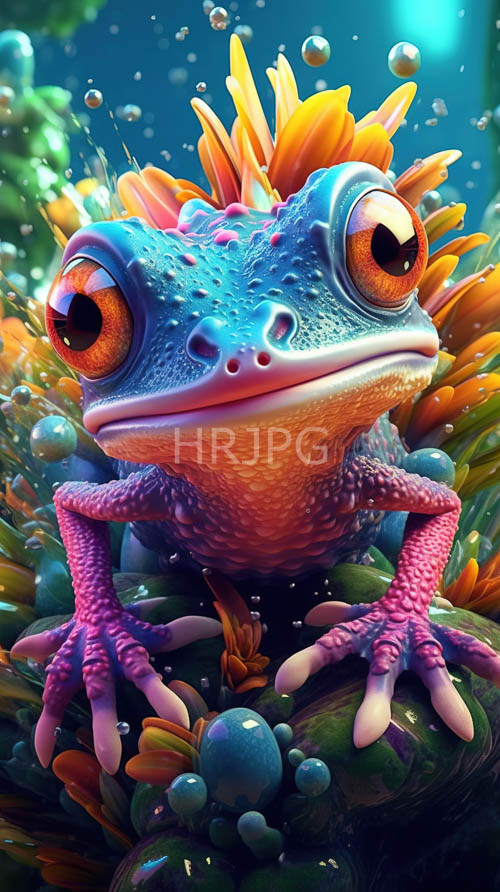 vibrant blue frog depicts fantasy world among aquatic plants and neon accents
