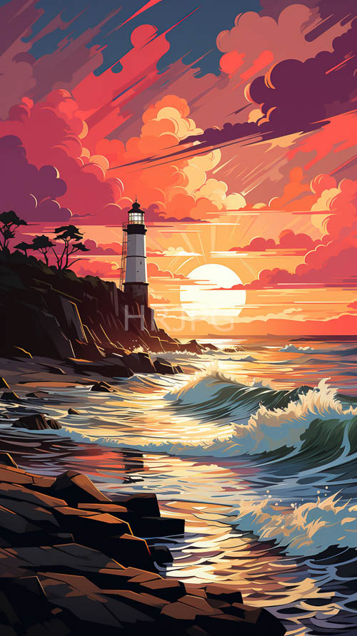 dramatic lighthouses stand against brilliant fiery sunsets over turbulent oceans