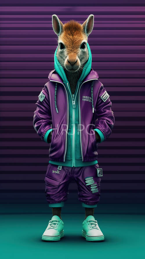 purple stripes retrofuturistic backdrop confident anthropomorphic deer streetwear character design