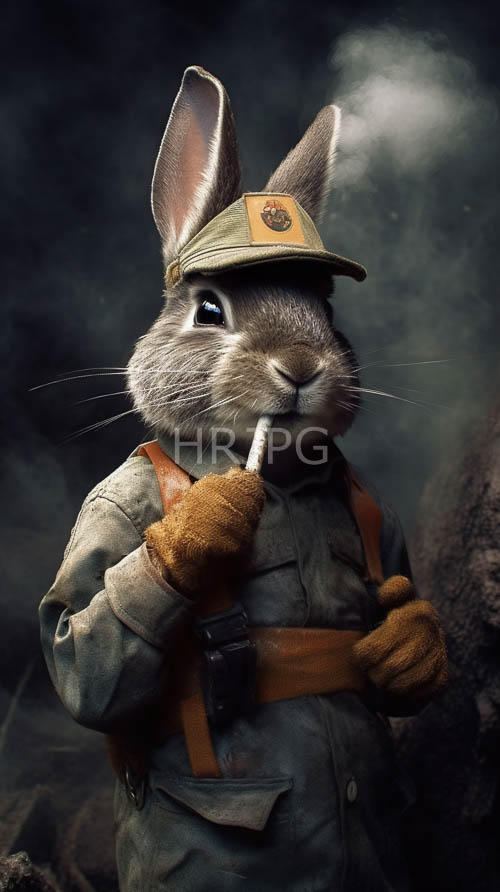 High Resolution: Olivegreen Caped Rabbit Soldier Stands in Weathered Military Uniform Against Dark Cloudy Background download. | HRJPG.com