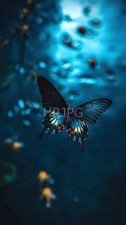 iridescent orange tip butterfly wings flutter through deep blue oceanic water
