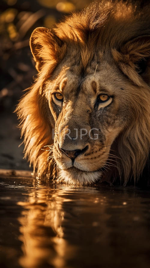 lions majestic regal form emerges from ripples of cool waters at sunsets lowangled light