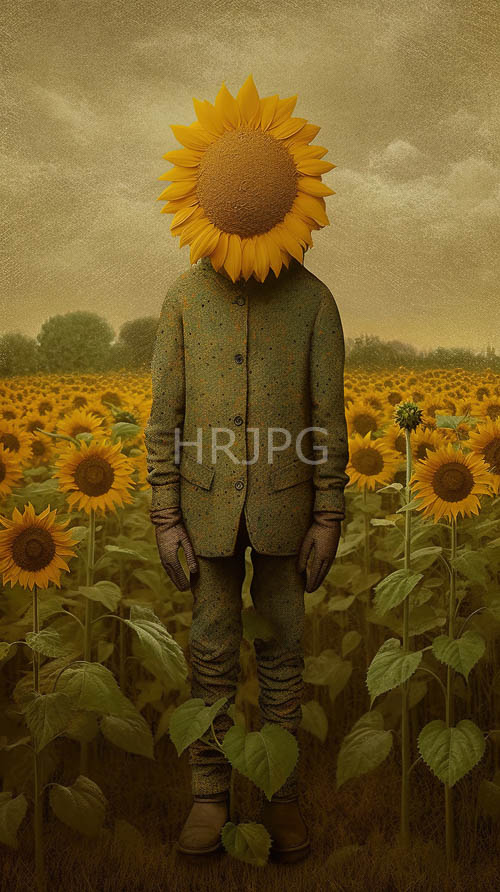 sunflower figures emerge amidst cloudy skies fashion and nature blend in surreal landscapes