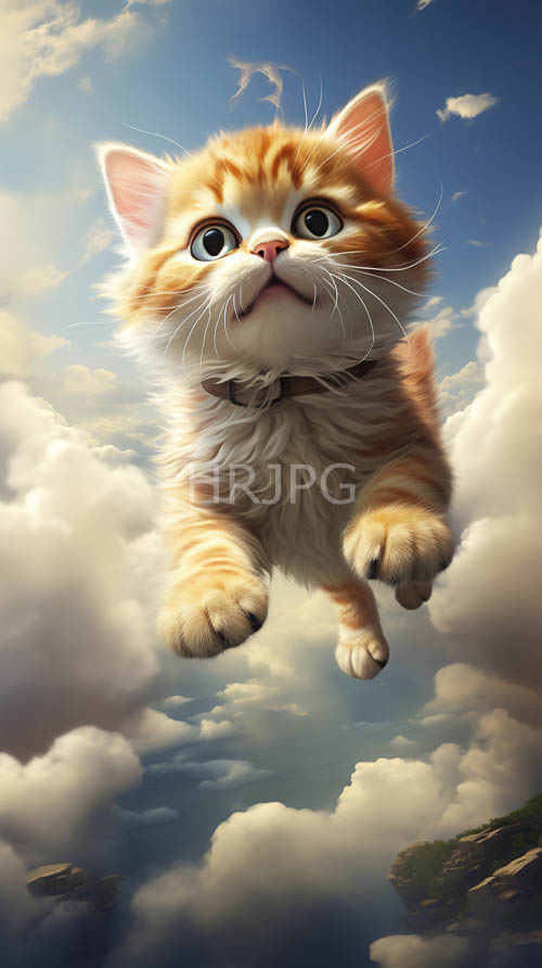 High Resolution: Of Adorable Fluffy Orange Tabby Kitten in MidJump Against Bright Blue Sky download. | HRJPG.com