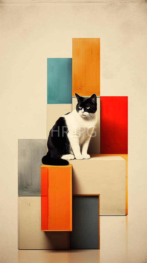 modern geometric blocks stack to form a pedestal for an alert blackandwhite cat