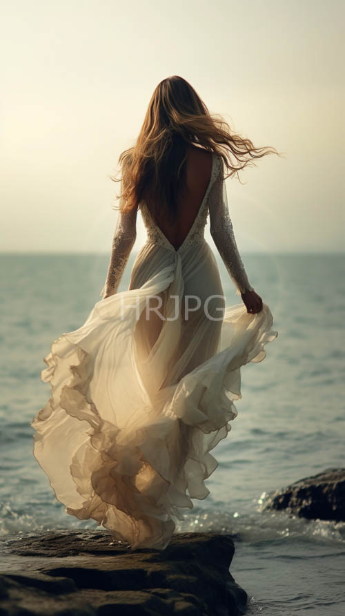 High Resolution: Flowing White Gown Sways on Rugged Rocky Coastline During Golden Hour download. | HRJPG.com