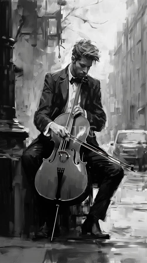 melancholic musician amidst foggy urban landscape with weathered stone pillar and dark suit