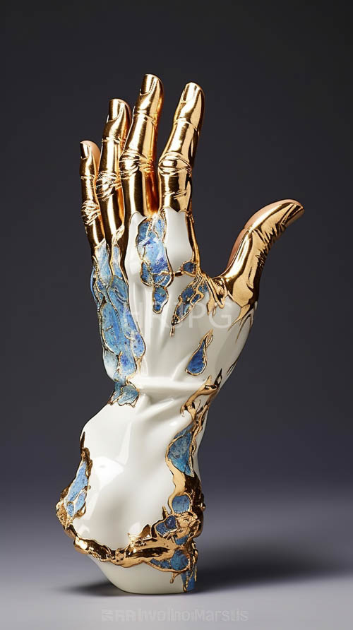 hand sculptures contrast glasslike fragments against white ceramic tiles