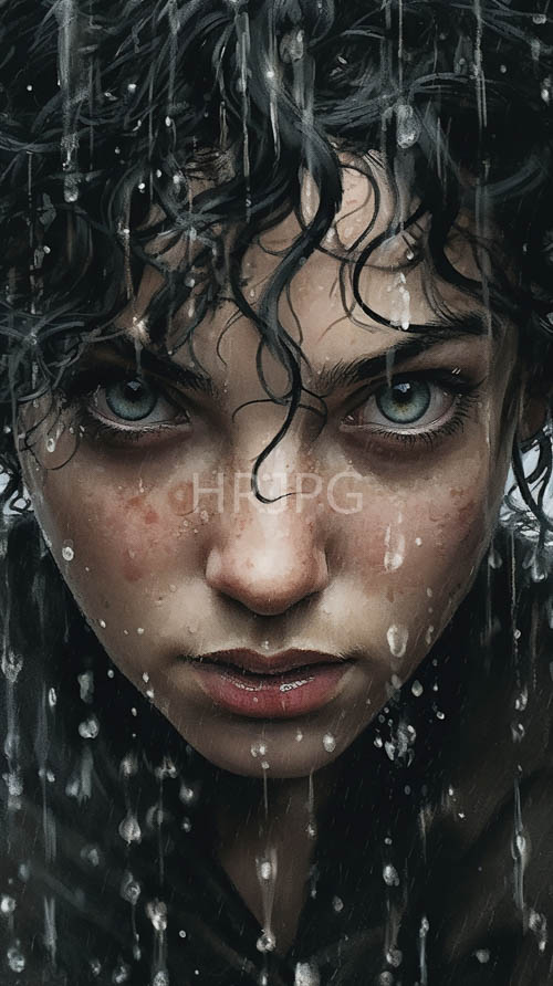of young woman with curly black hair and piercing blue eyes demands attention in moody emotive atmosphere with delicate water droplets and glistening raindrops on a pane of glass