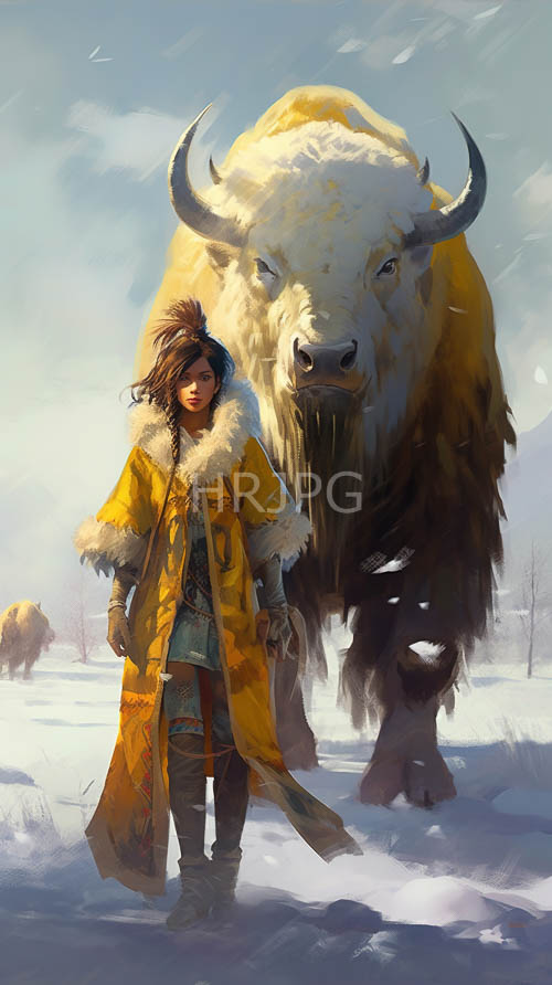 indigenous women in furtrimmmed coats pose with majestic bison in snowy wilderness landscapes