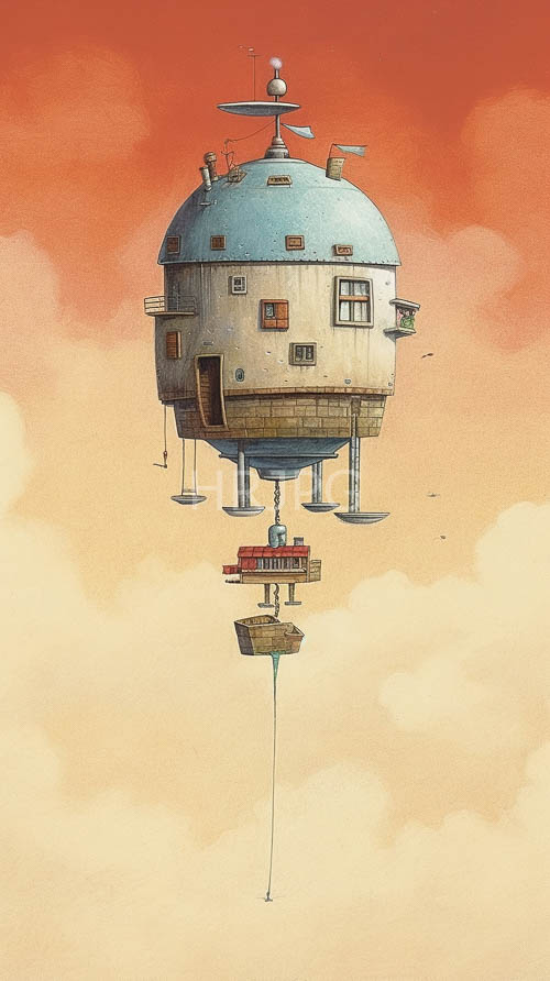 fantastical whimsical airship cruises majestic orangered skies over rolling fluffy clouds