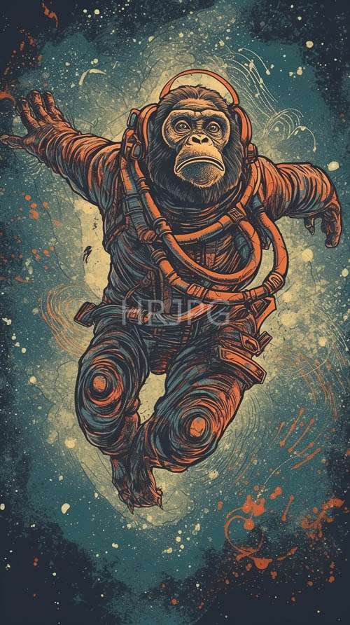 cosmic ape embarks on retrofuturistic expedition across starry cosmic canvas