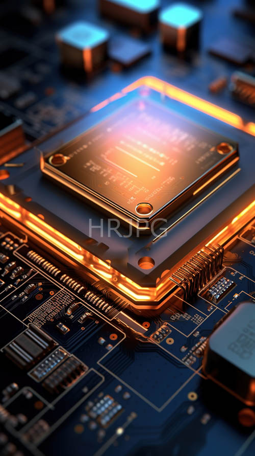 neonlit cpu circuit board with flickering orangepurple illumination on dark blue background