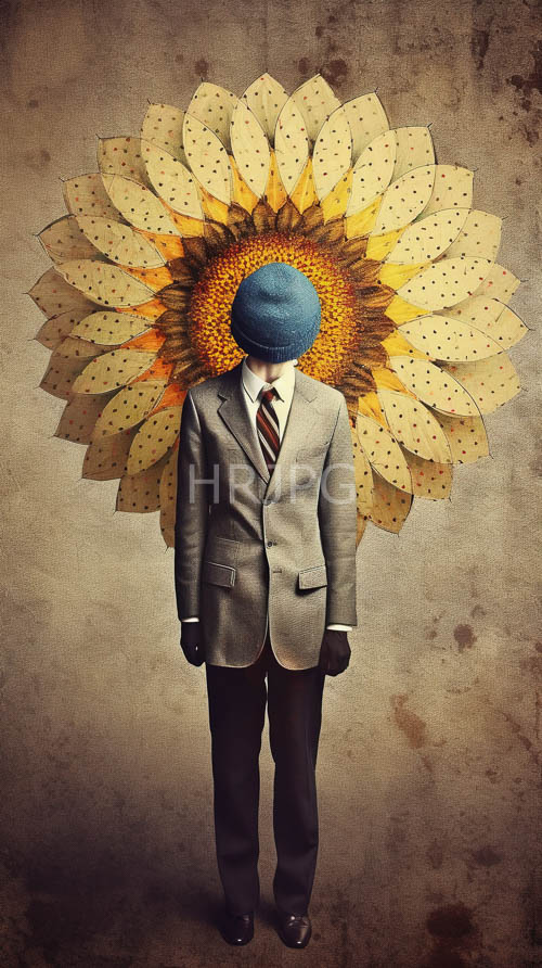 fashion forward sunflower blooms behind anonymous figure in oversized floral composition with textured background