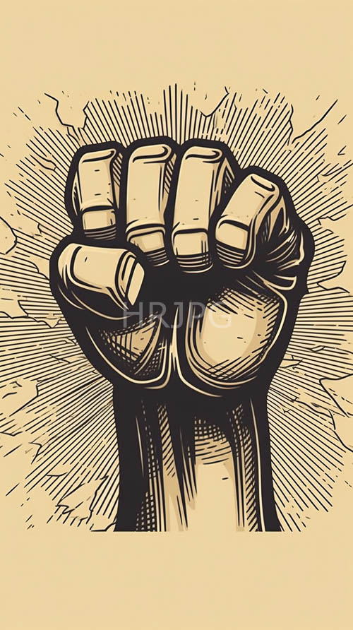 muscular textured fist raised against minimalist beige backdrop with radiating lines and cracks