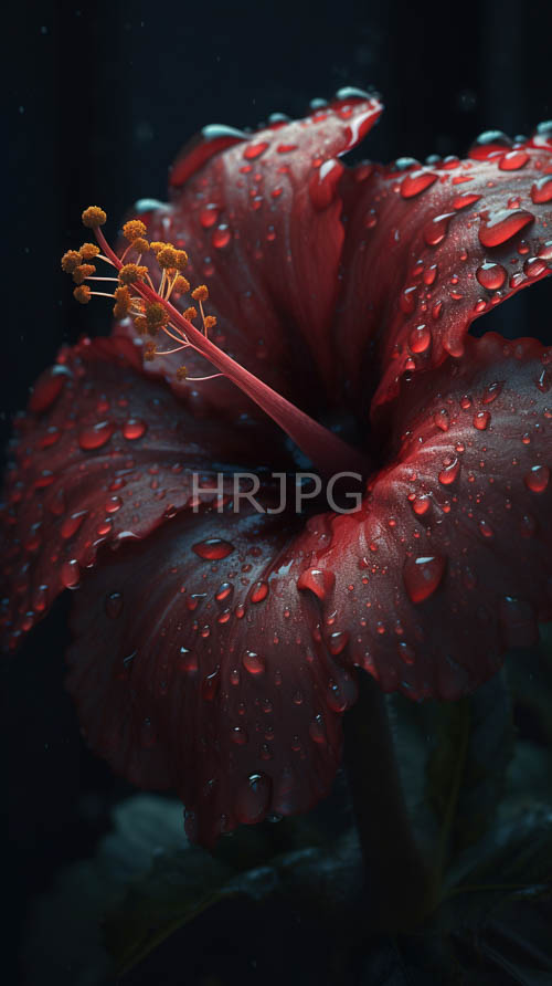 High Resolution: Deep Red Hibiscus Flower with YellowishOrange Pollen Clusters Set Against a Dark Background download. | HRJPG.com