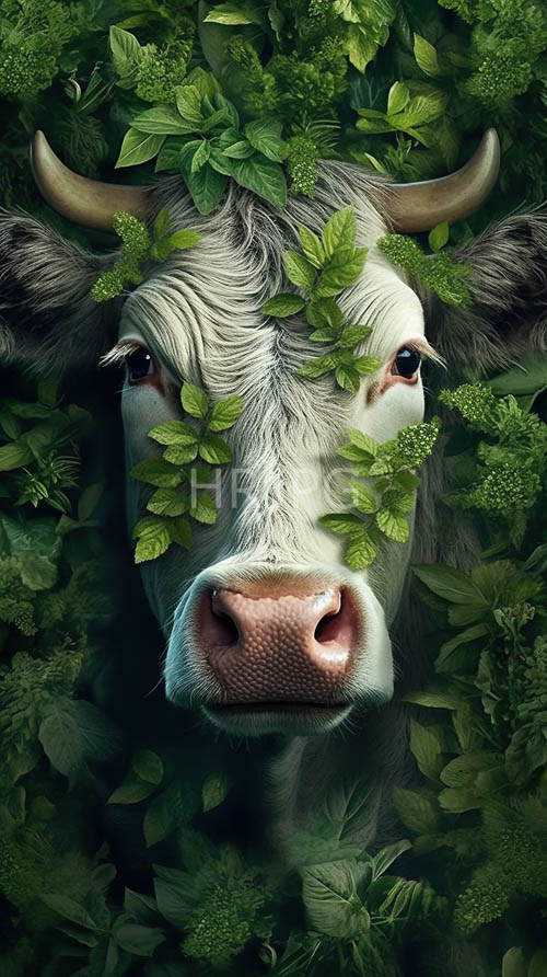 cow portraits blend fantasy artistry with green foliage