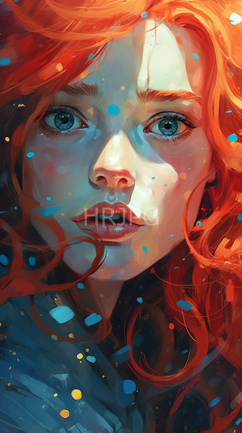 of young woman with fiery red hair and cool blue undertones in intense closeup