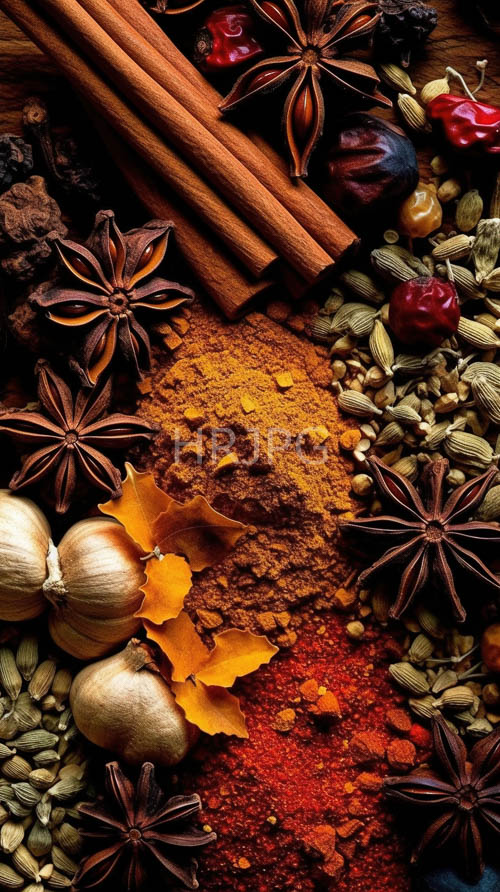 turmeric dust patterns amidst paprika powder and garlic bulbs in spice market composition