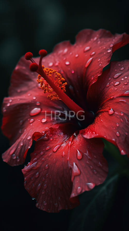 moisture droplets glisten on red hibiscus blossoms in jungles