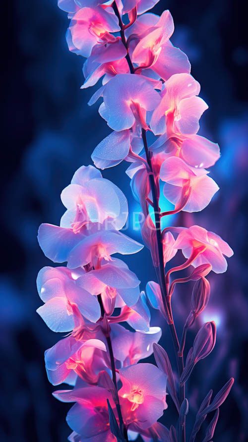 High Resolution: Purple Hued Orchids Against Deep Blue Abstract Background Bloom with Neon Like Highlights download. | HRJPG.com