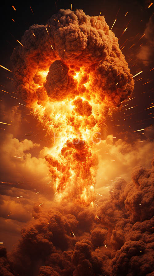 fiery explosions ignite with intense orange and yellow flames in turbulent dark gray smoke