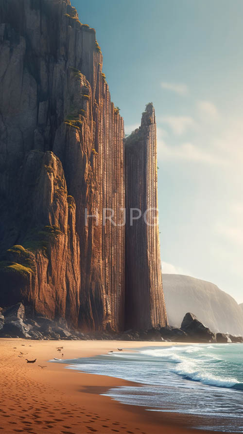 rock faces etch majestic cliff profiles against azure evening skies over sandy beaches