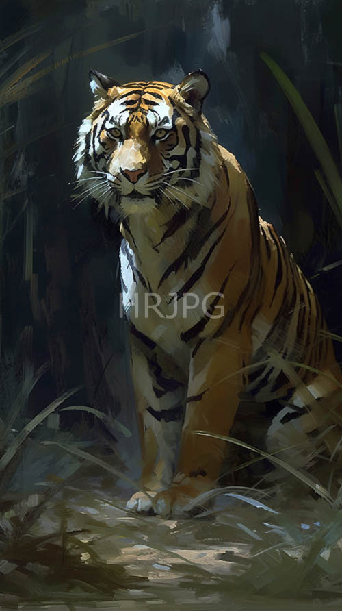 jungle of muscular bengal tigers in primeval forest under dim theatrical lighting