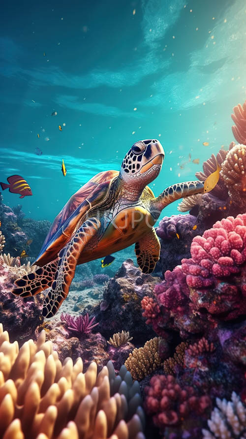 sea turtles swim above pristine coral reefs in clear waters