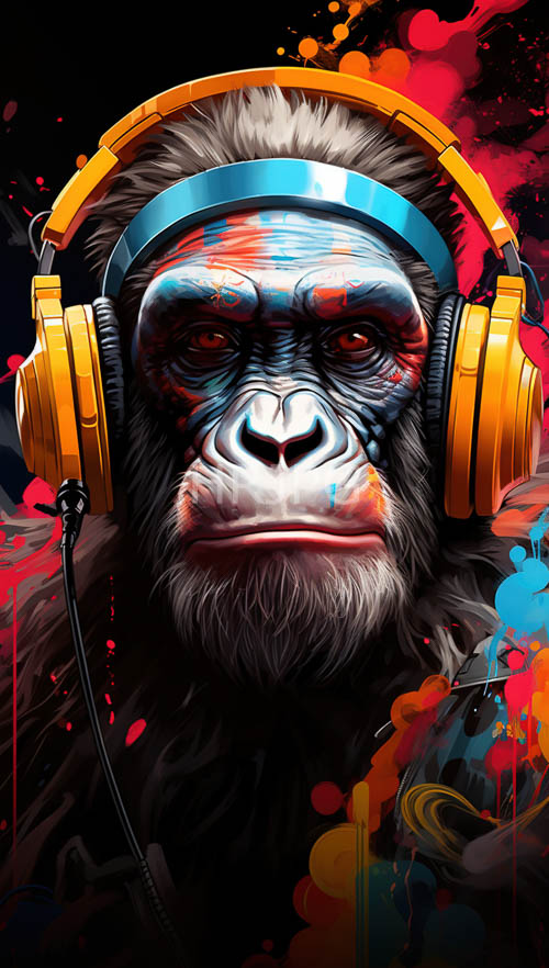 gorilla illustrations display audio icons and paint splatters