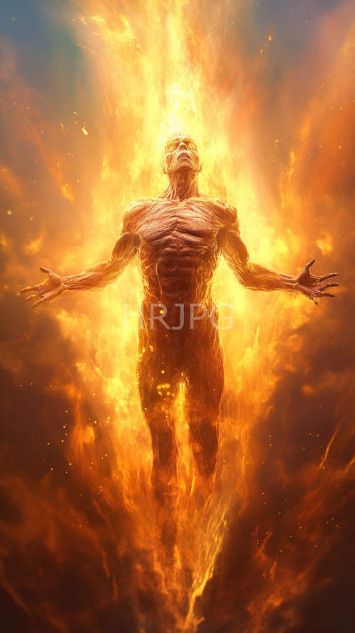 fiery entity suspended in midair amidst intense roaring flames and sculpted muscular physique