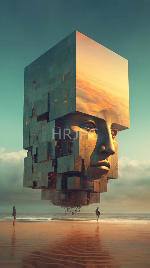 monolithic coastal anomalies interact with sunset hues on serene teal skies