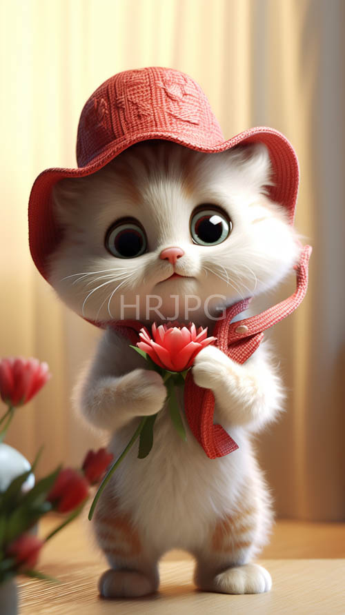 fluffy white kitten in cozy red knit ensemble amidst delicate pink flowers and green leaves