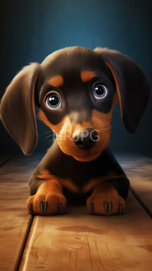 dachshund puppy lying down on rustic wooden flooring in cozy ambient light
