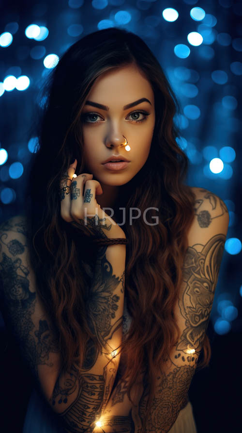 floral ink tattoos blend into soft blurred background lighting